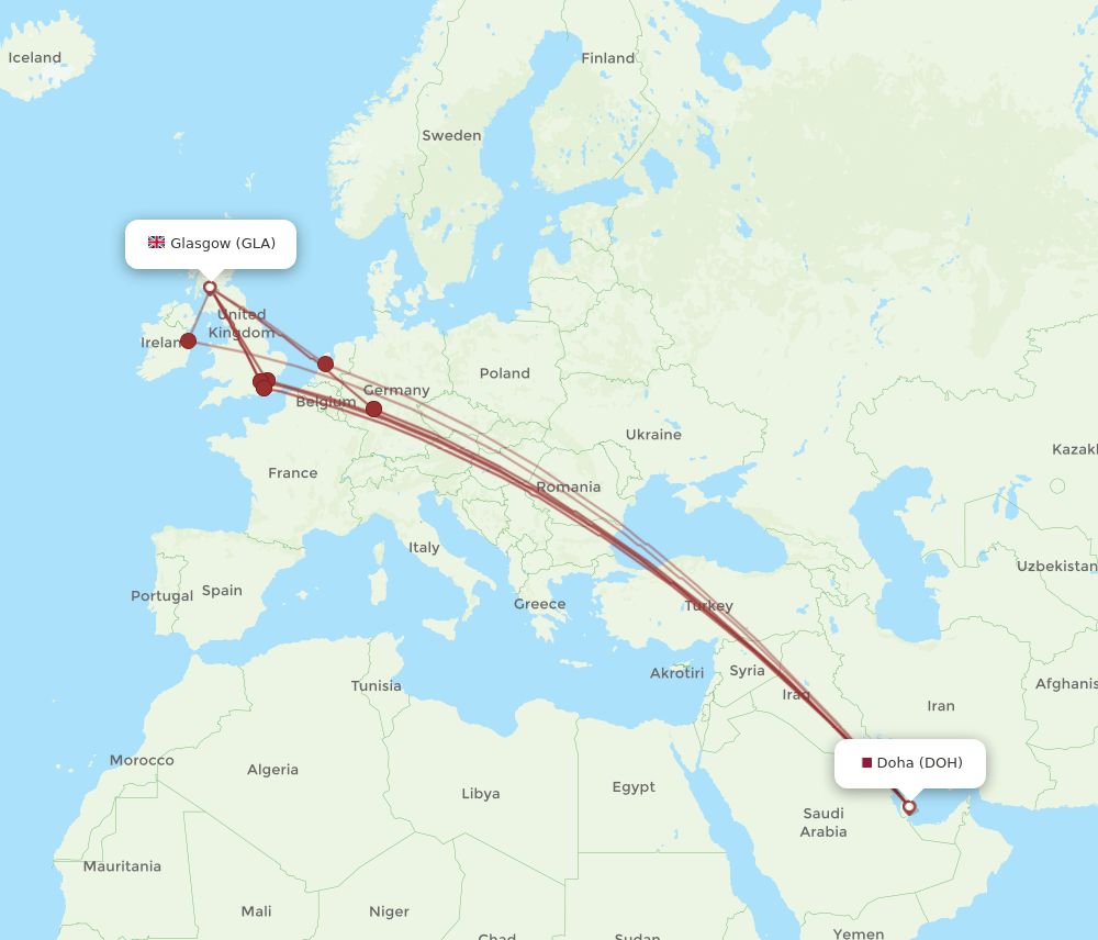 GLA to DOH flights and routes map