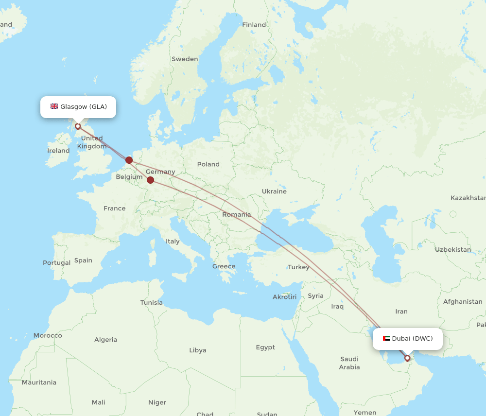 GLA to DWC flights and routes map