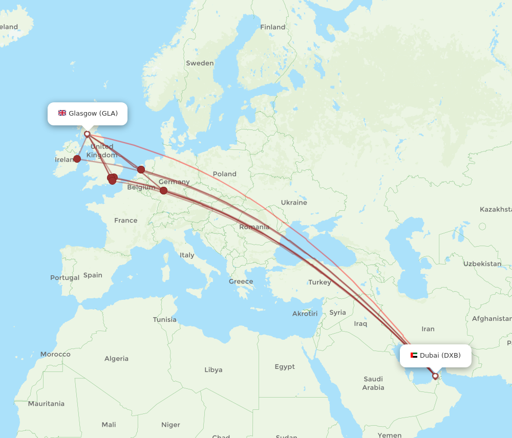 GLA to DXB flights and routes map