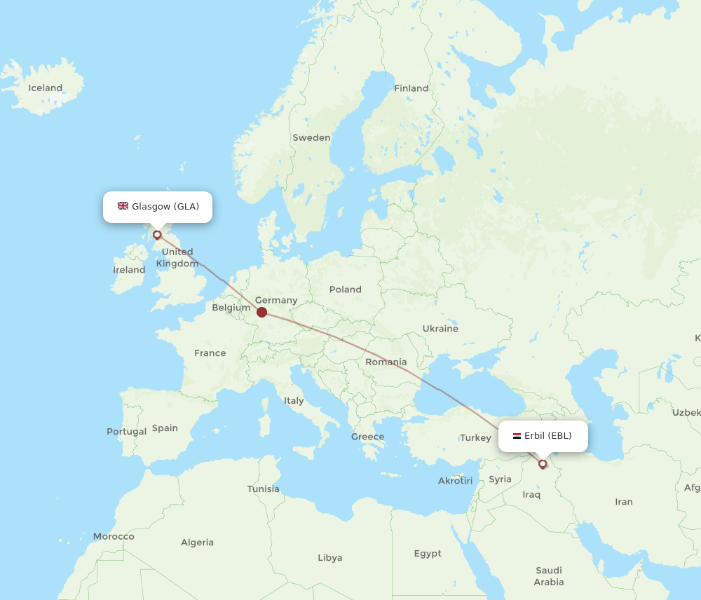 Glasgow - Erbil route map and flight paths