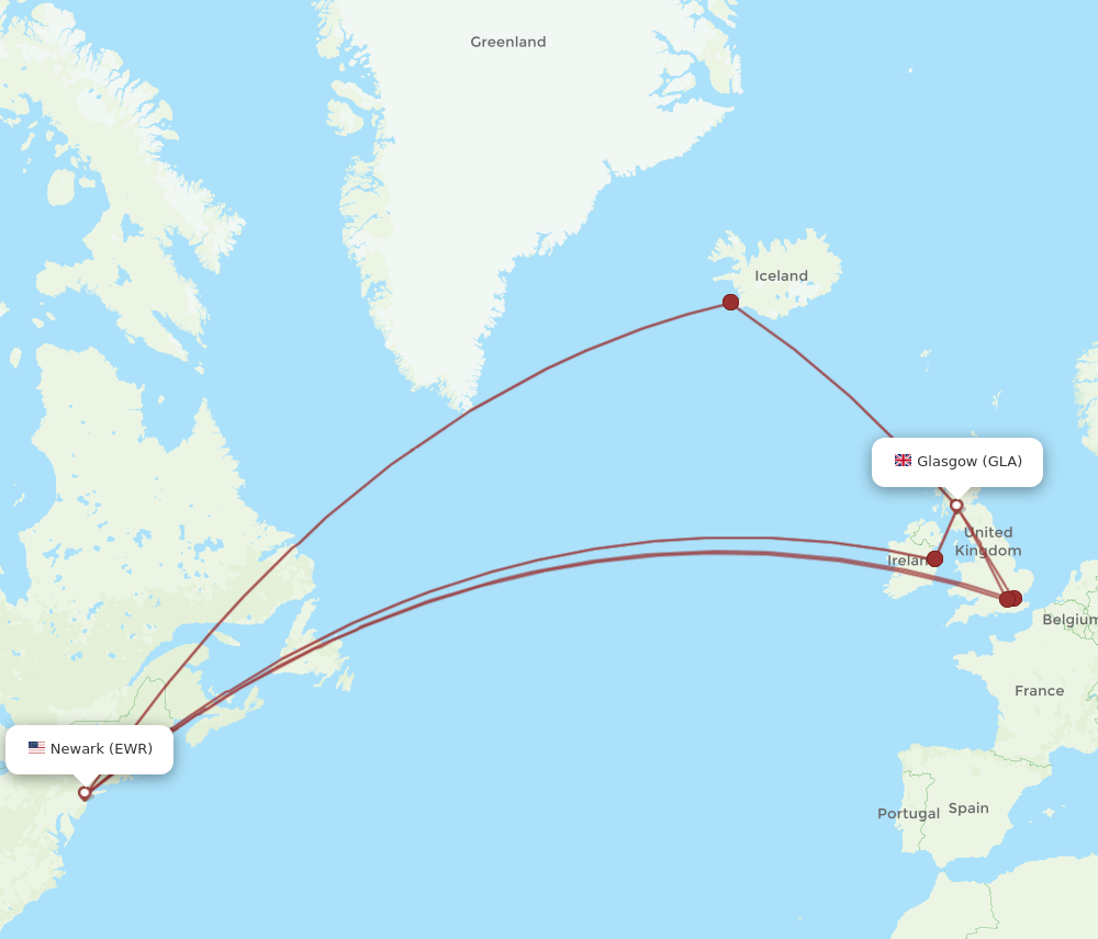 GLA to EWR flights and routes map
