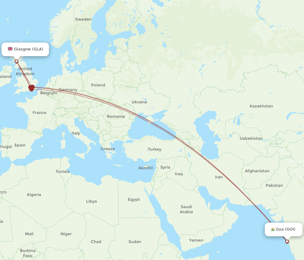 Glasgow - Goa route map and flight paths