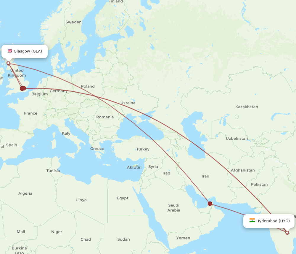 GLA to HYD flights and routes map