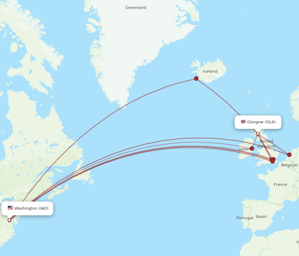 GLA to IAD flights and routes map