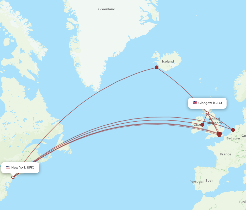 GLA to JFK flights and routes map
