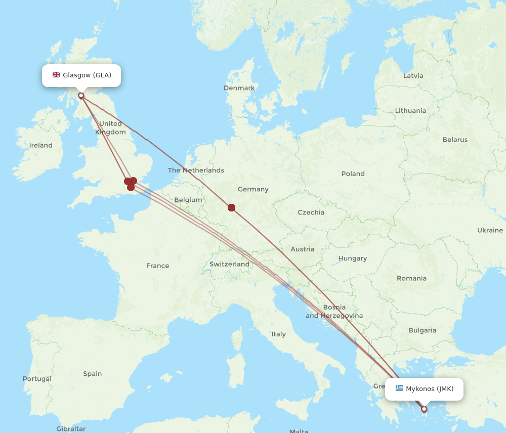 GLA to JMK flights and routes map