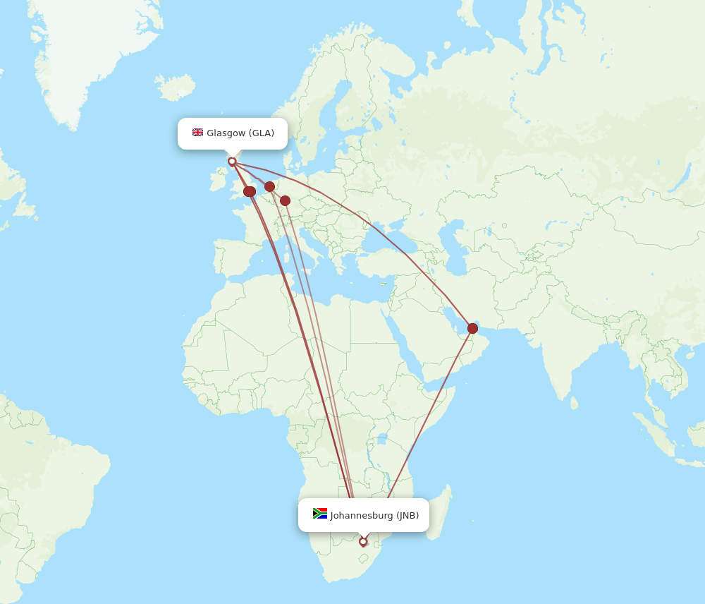 GLA to JNB flights and routes map