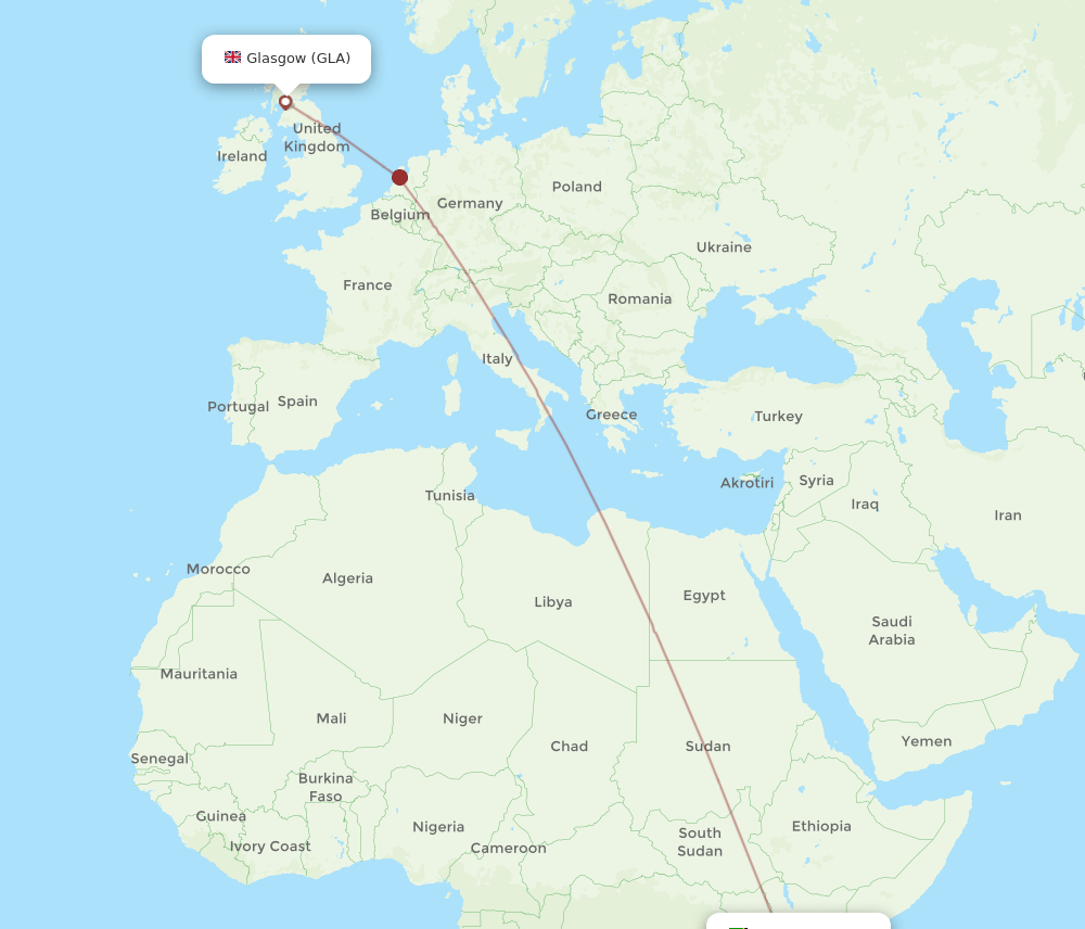 Kilimanjaro - Glasgow route map and flight paths