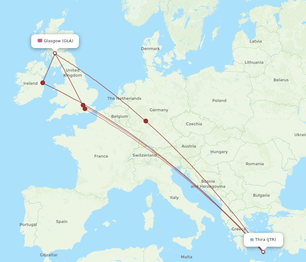 GLA to JTR flights and routes map
