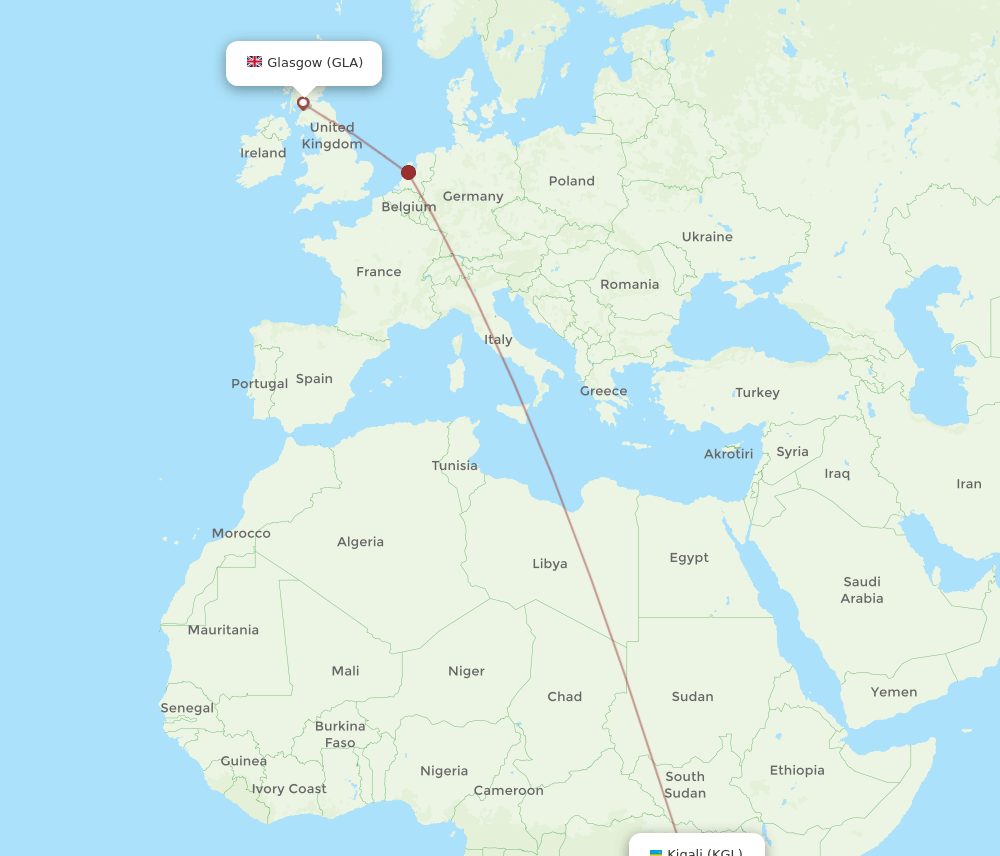 GLA to KGL flights and routes map