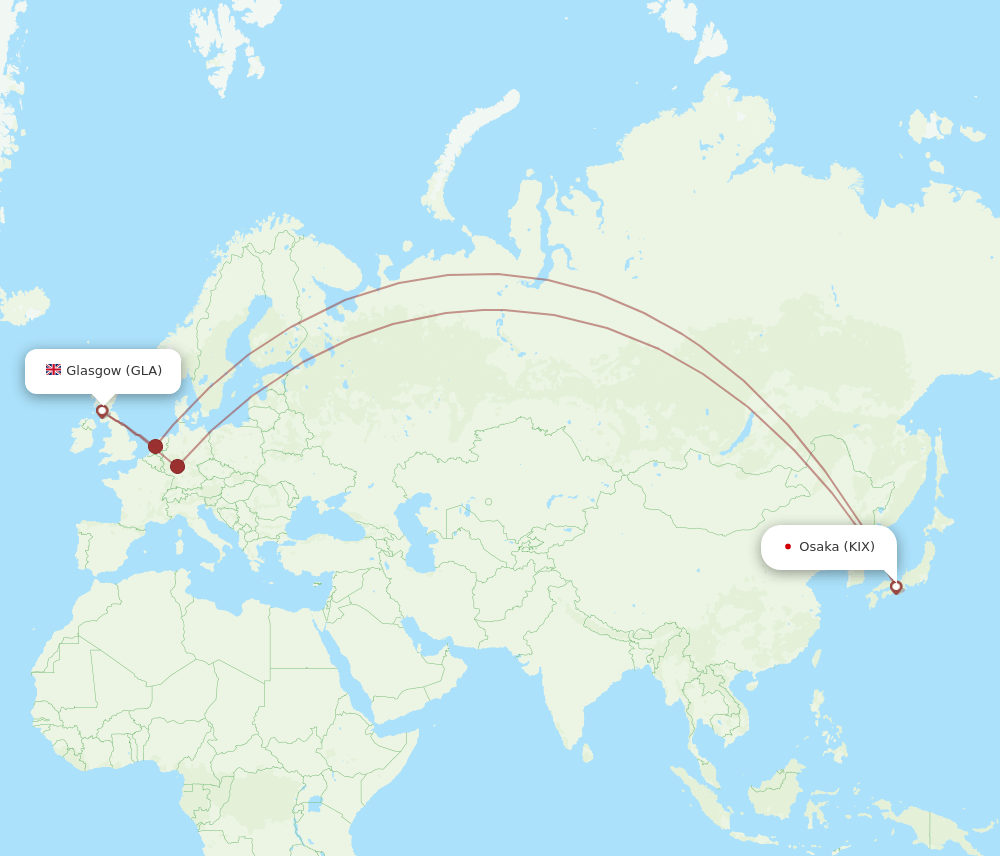 Osaka - Glasgow route map and flight paths