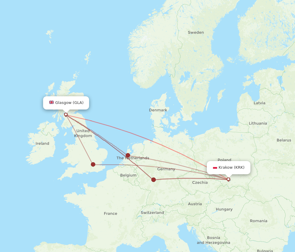 GLA to KRK flights and routes map