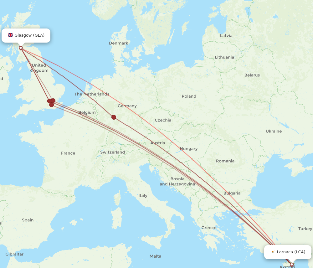GLA to LCA flights and routes map