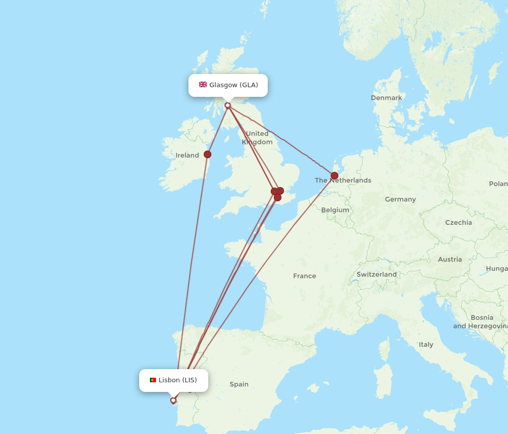 GLA to LIS flights and routes map