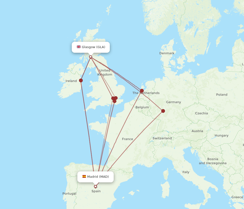 GLA to MAD flights and routes map