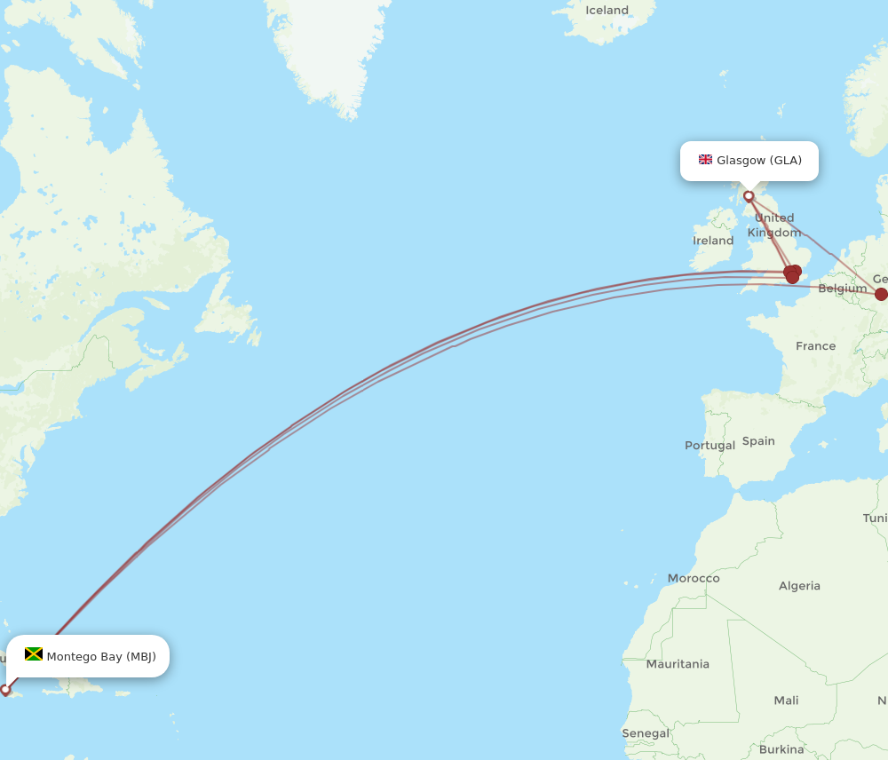 GLA to MBJ flights and routes map