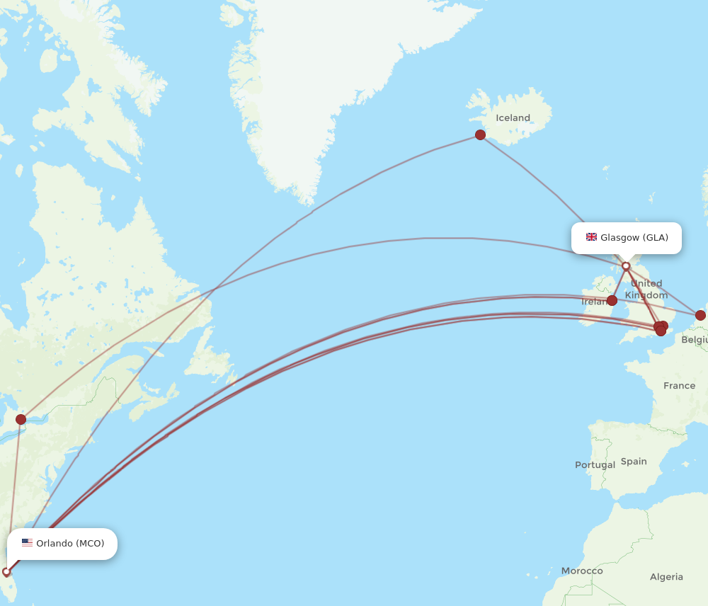 GLA to MCO flights and routes map