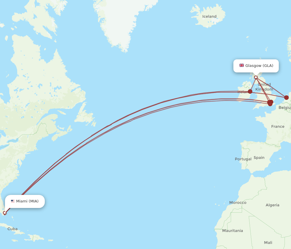 GLA to MIA flights and routes map