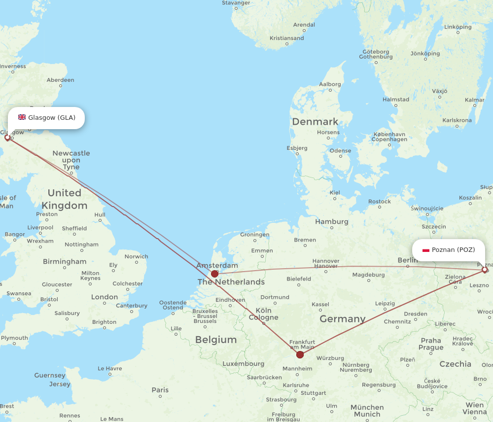 GLA to POZ flights and routes map