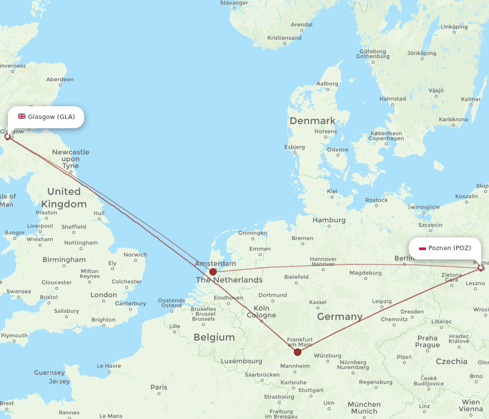 GLA to POZ flights and routes map