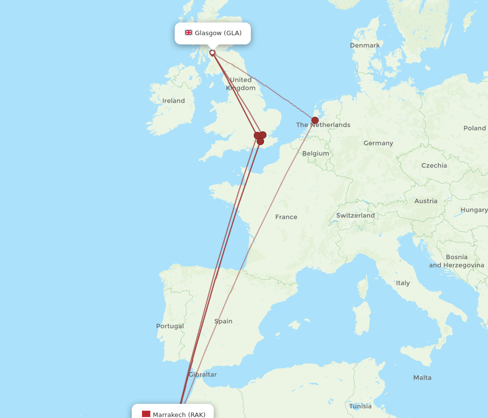 GLA to RAK flights and routes map