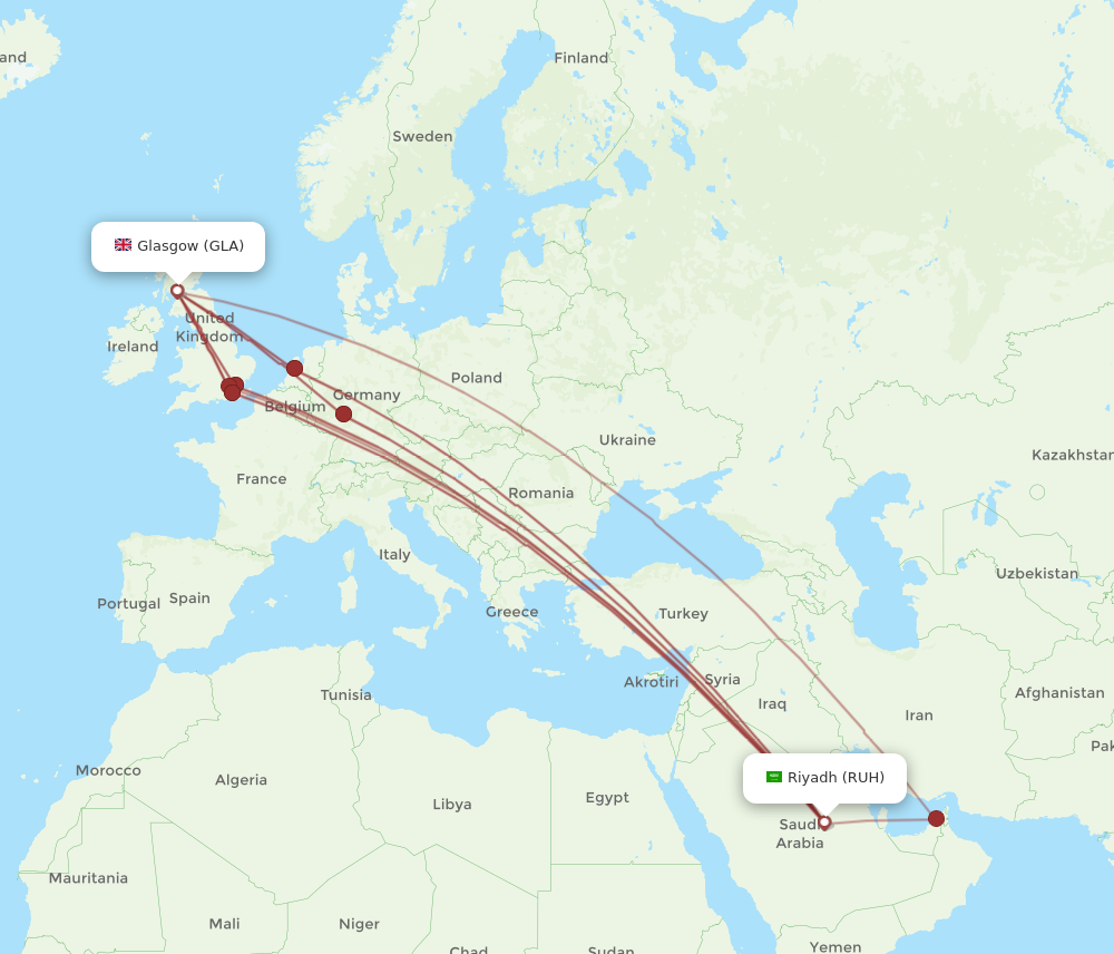GLA to RUH flights and routes map