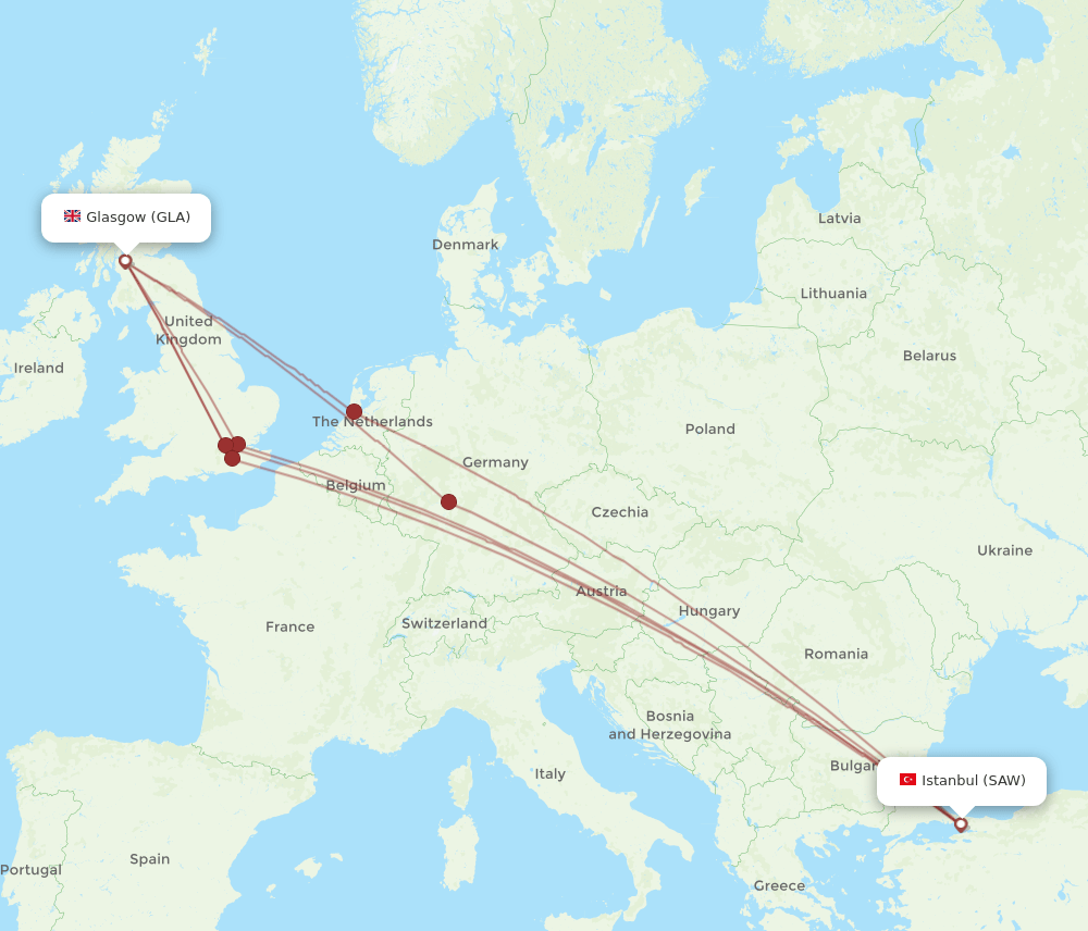 GLA to SAW flights and routes map