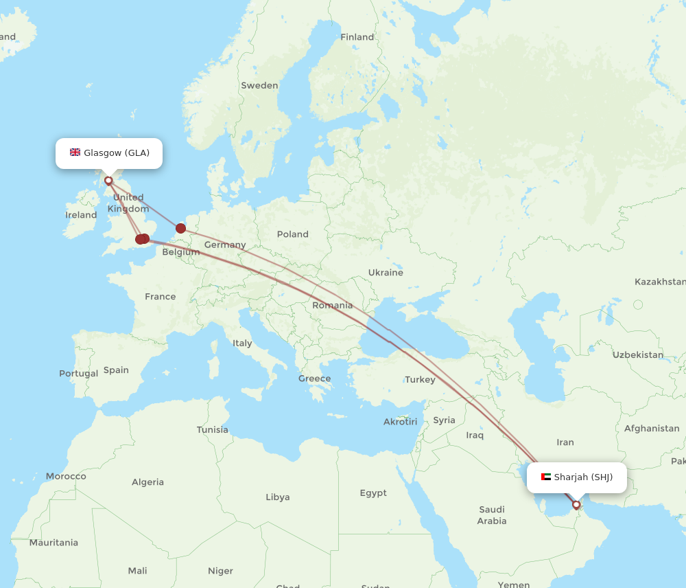 GLA to SHJ flights and routes map