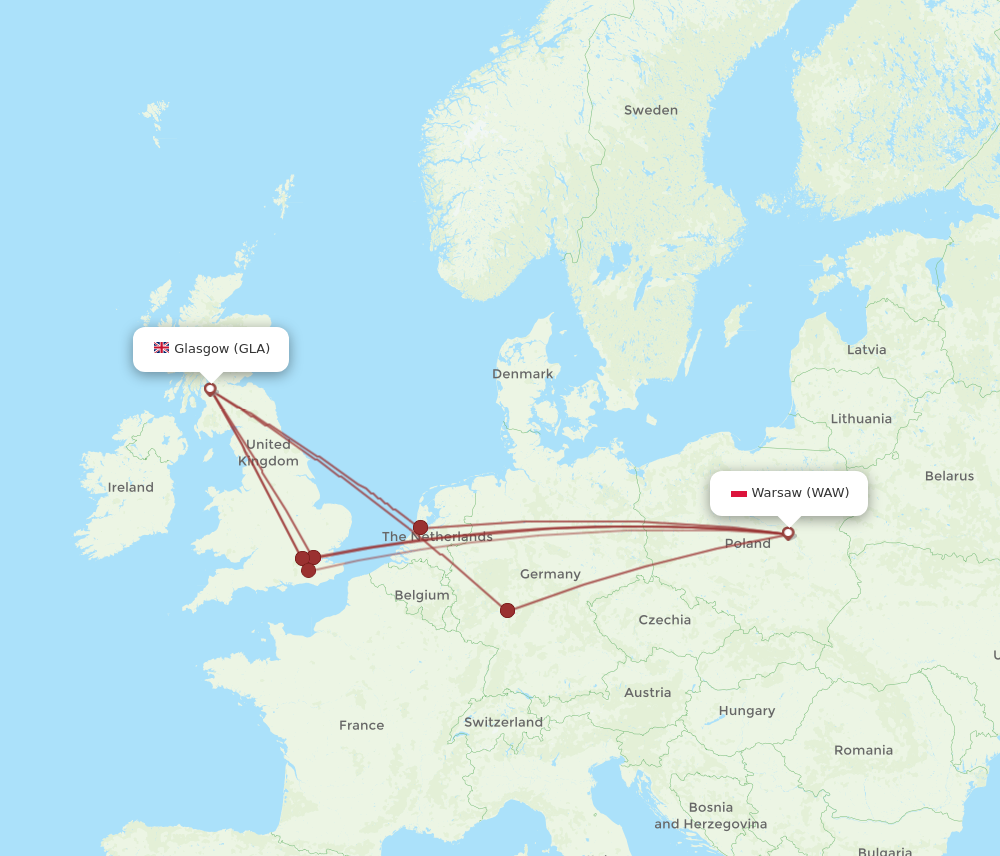 GLA to WAW flights and routes map