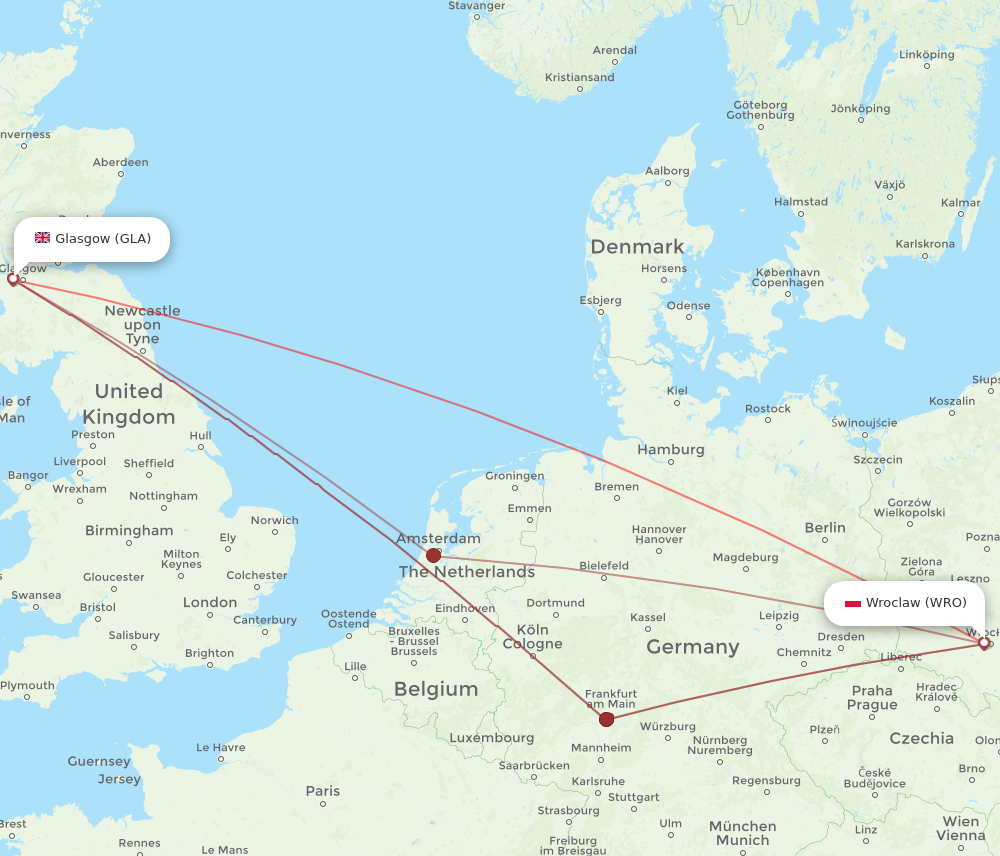 GLA to WRO flights and routes map