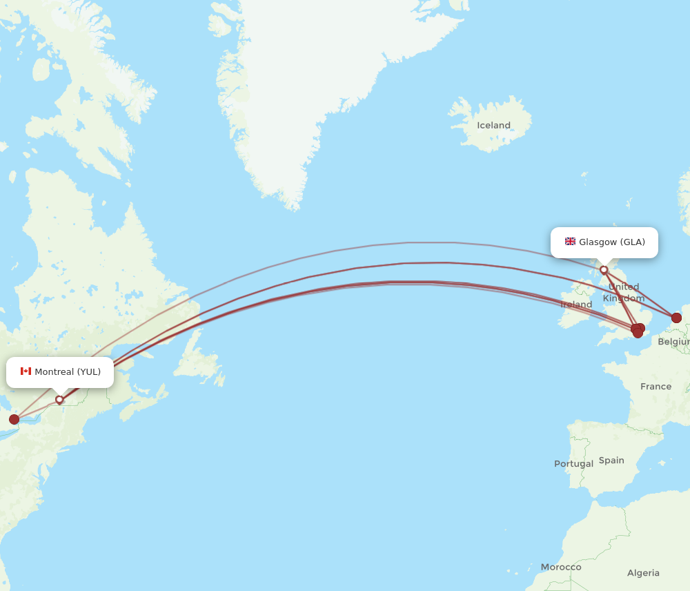 GLA to YUL flights and routes map