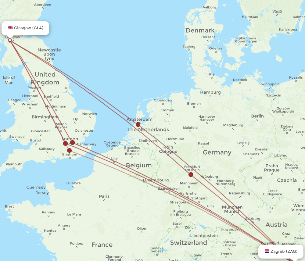 GLA to ZAG flights and routes map