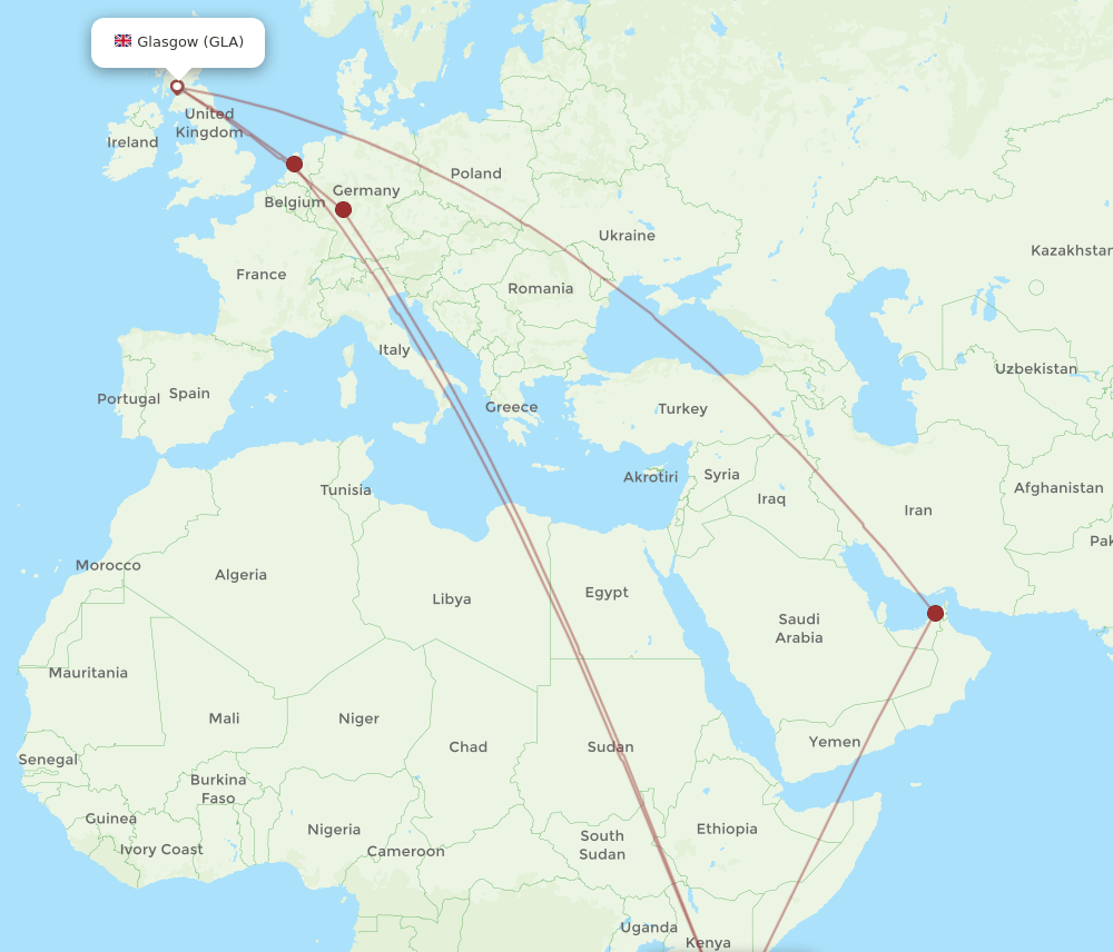 Zanzibar - Glasgow route map and flight paths