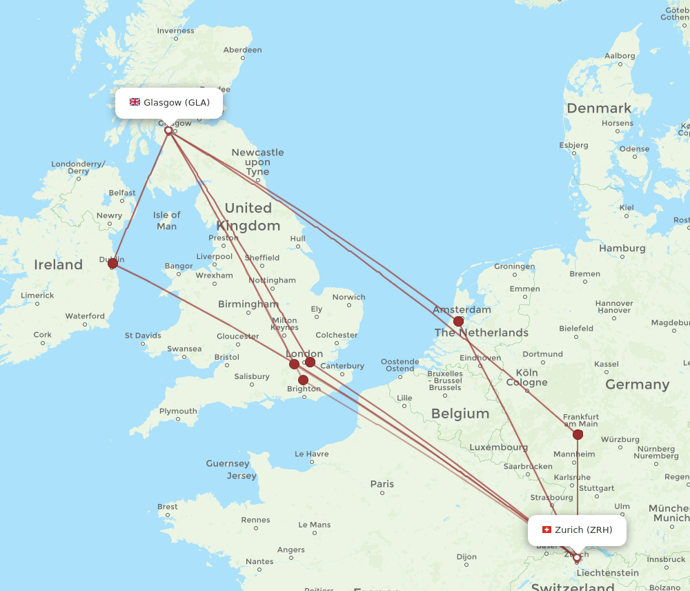 Zurich - Glasgow route map and flight paths