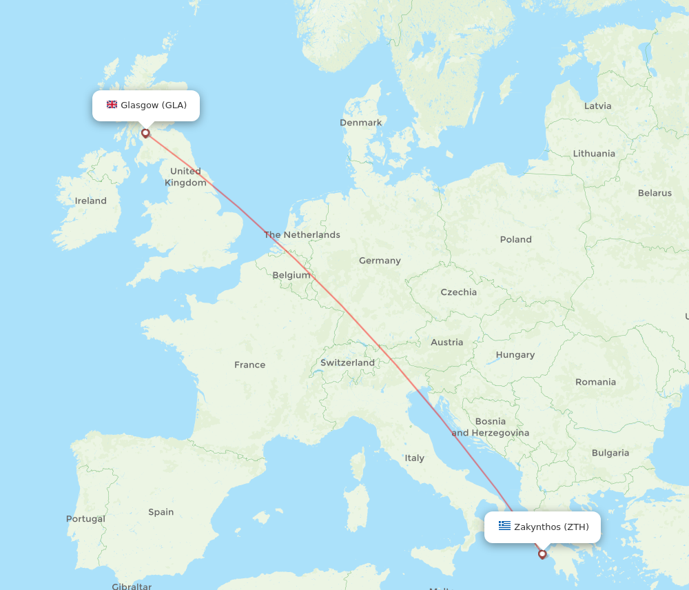 GLA to ZTH flights and routes map