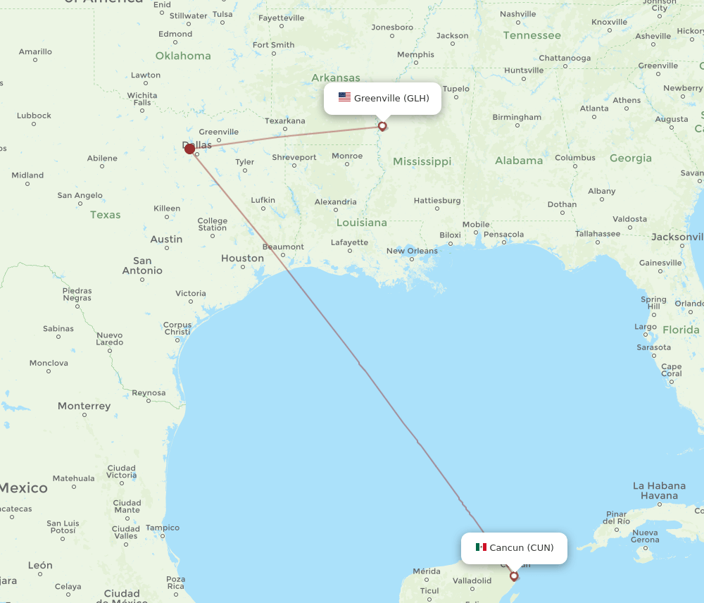 GLH-CUN flight routes