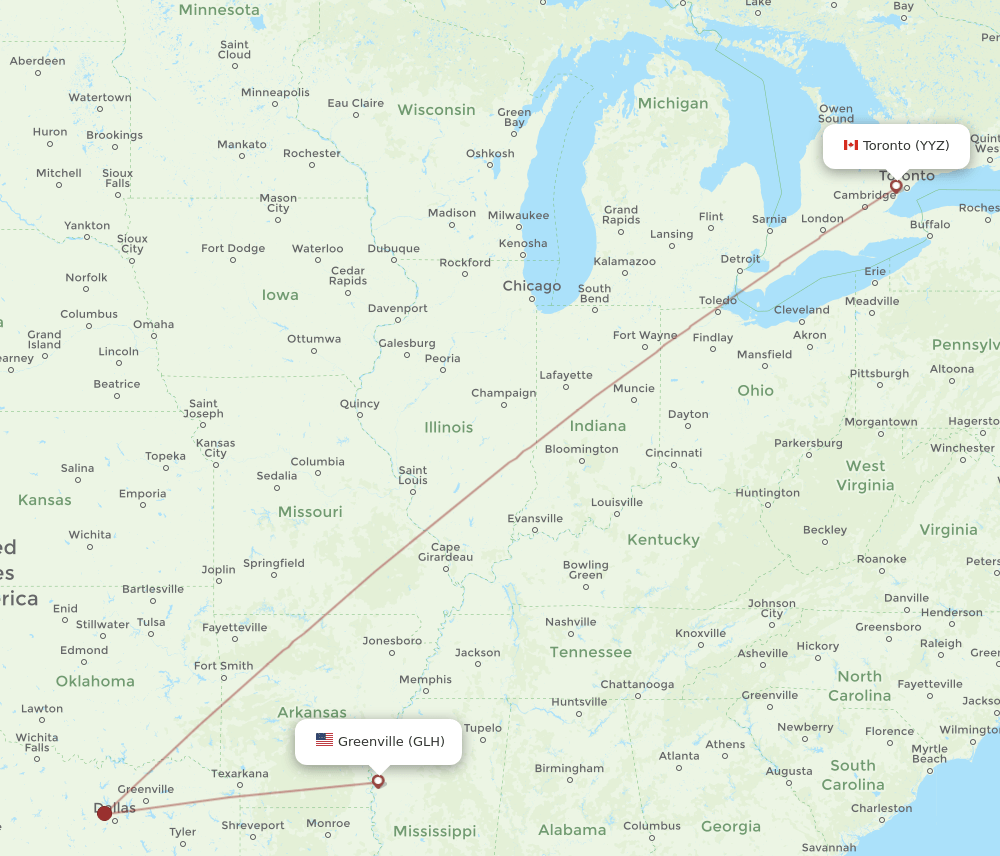Toronto - Greenville route map and flight paths