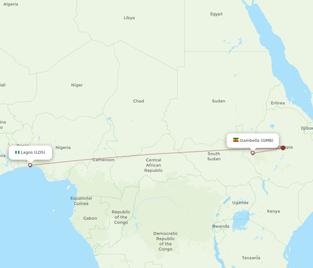 Lagos - Gambela route map and flight paths
