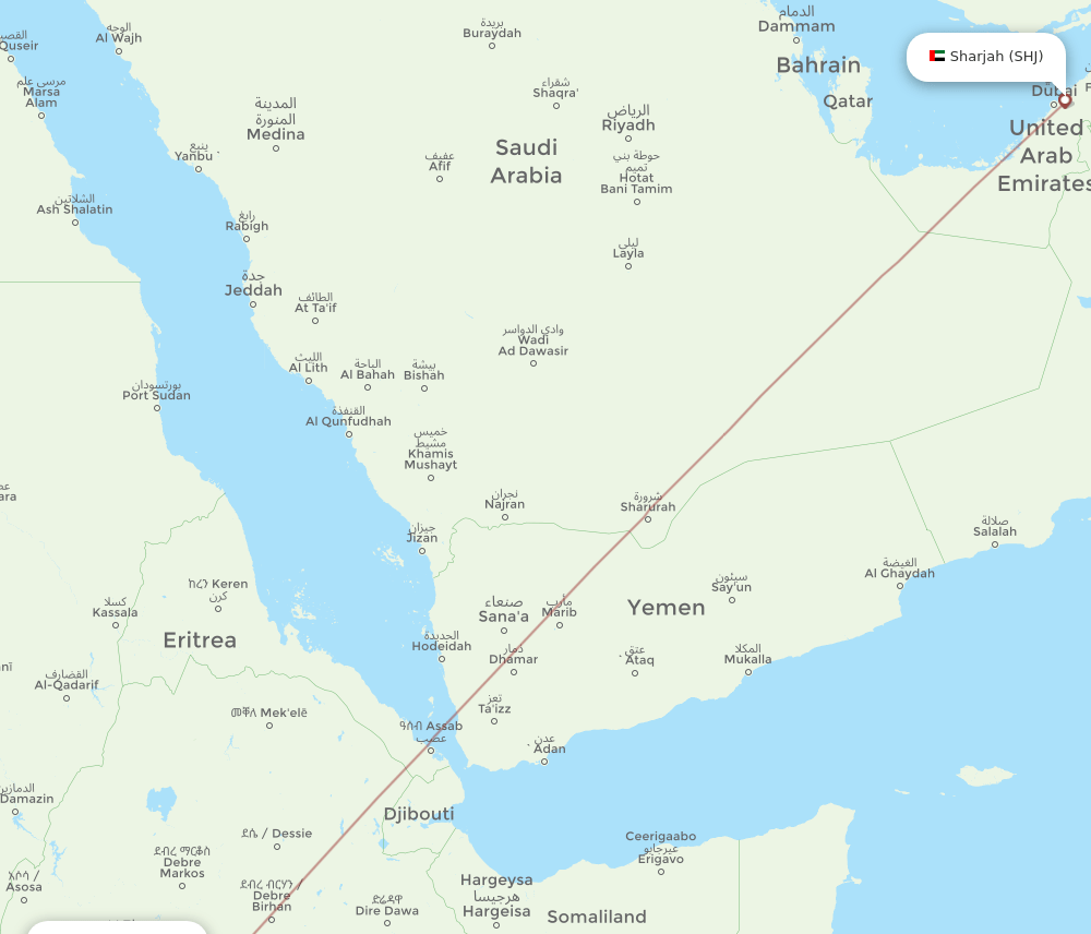 Sharjah - Gambela route map and flight paths