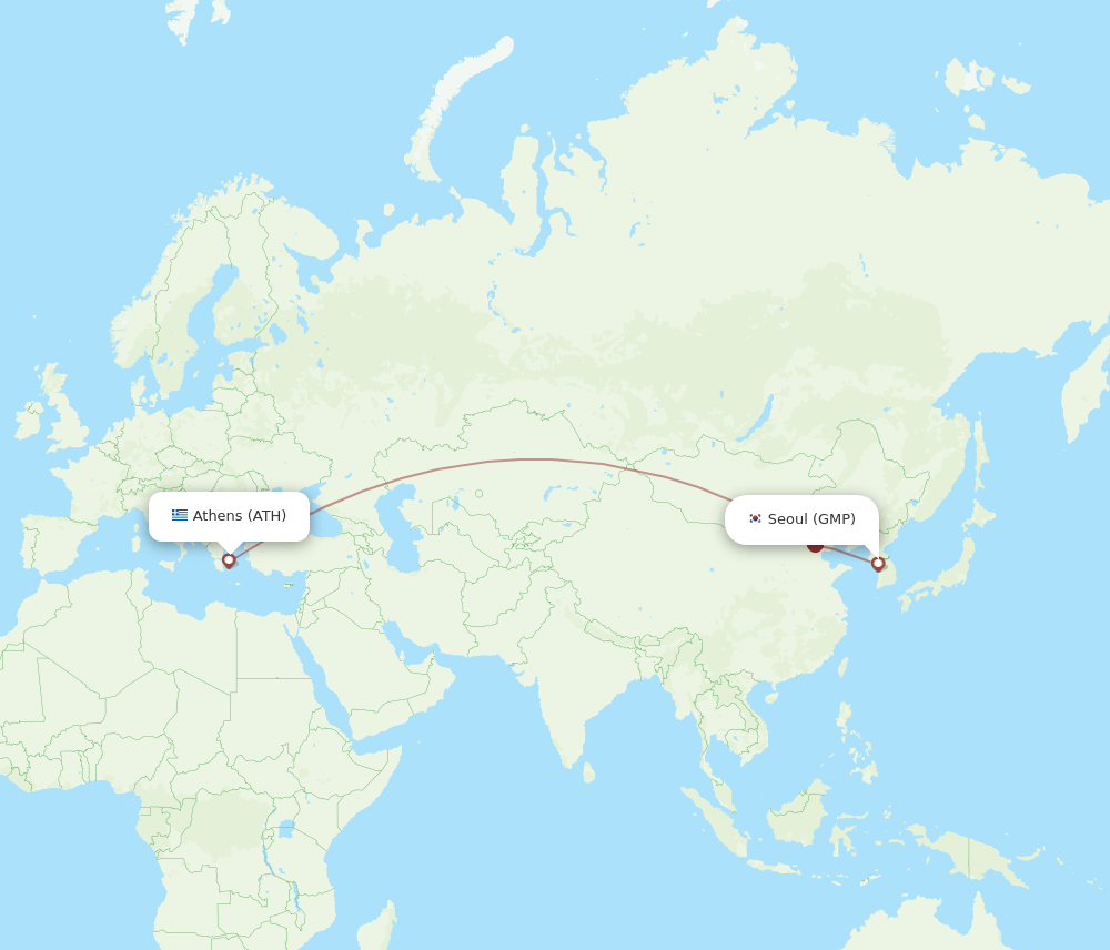 Athens - Seoul route map and flight paths