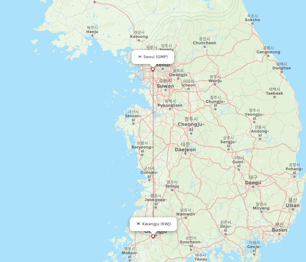 Seoul - Gwangju route map and flight paths