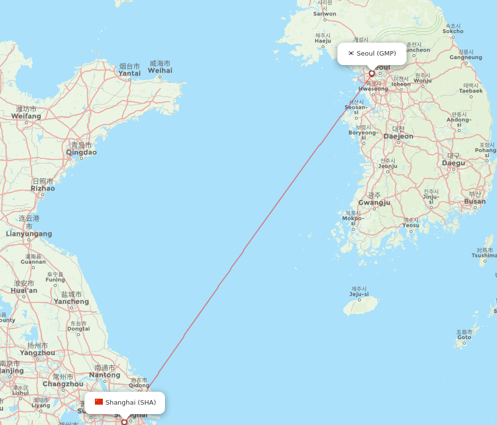 Seoul - Shanghai route map and flight paths