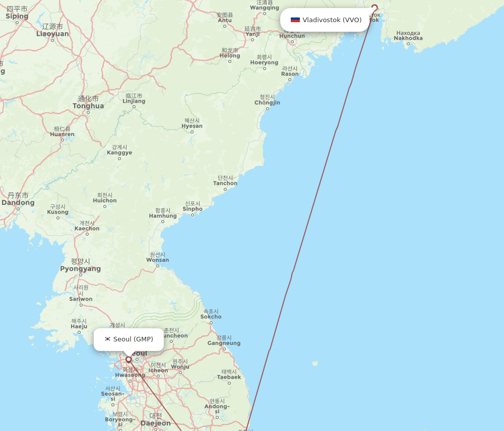 Vladivostok - Seoul route map and flight paths