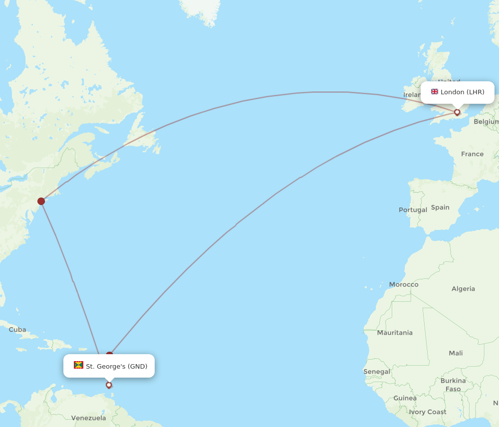 GND to LHR flights and routes map