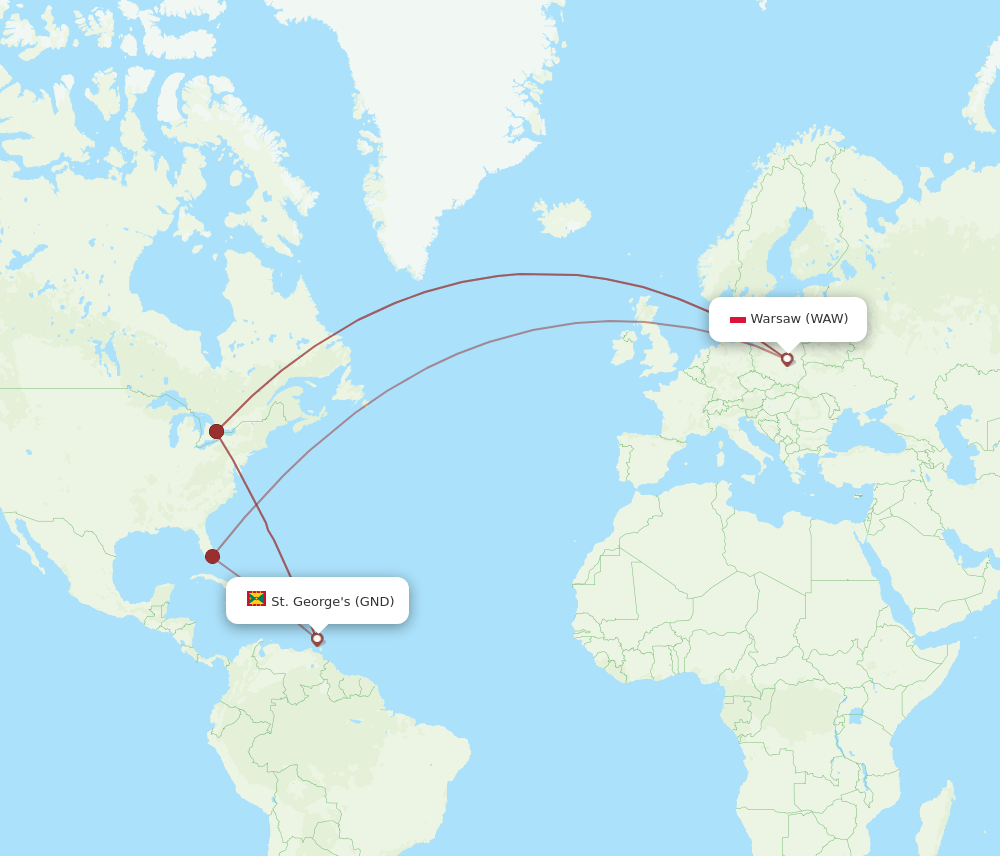 GND to WAW flights and routes map