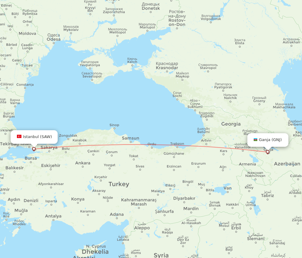 Gyandzha - Istanbul route map and flight paths