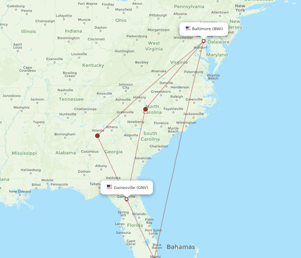 GNV to BWI flights and routes map