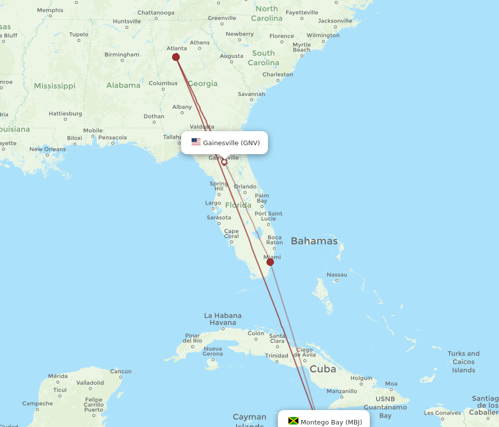 GNV to MBJ flights and routes map