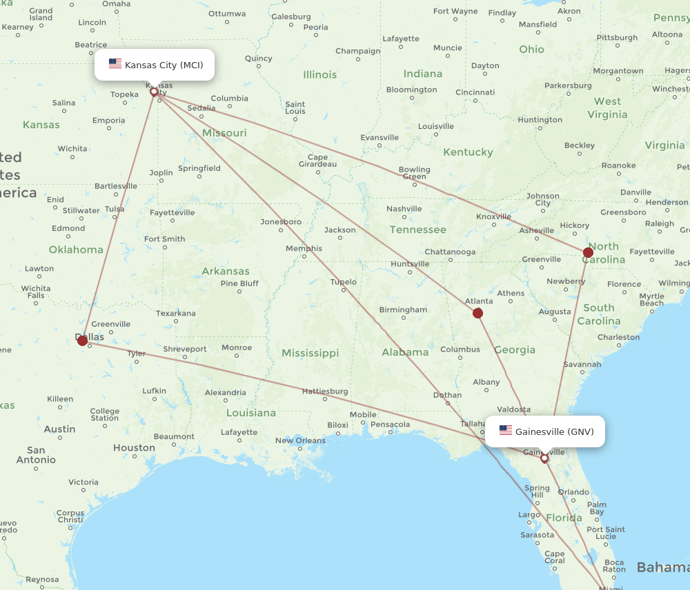 GNV-MCI flight routes