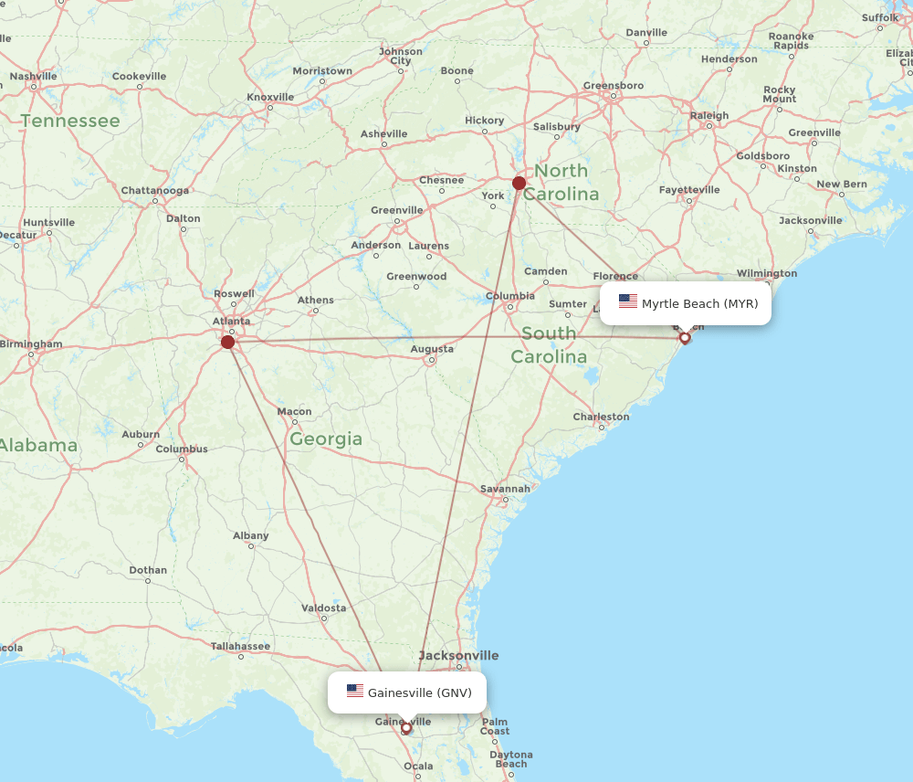 GNV to MYR flights and routes map